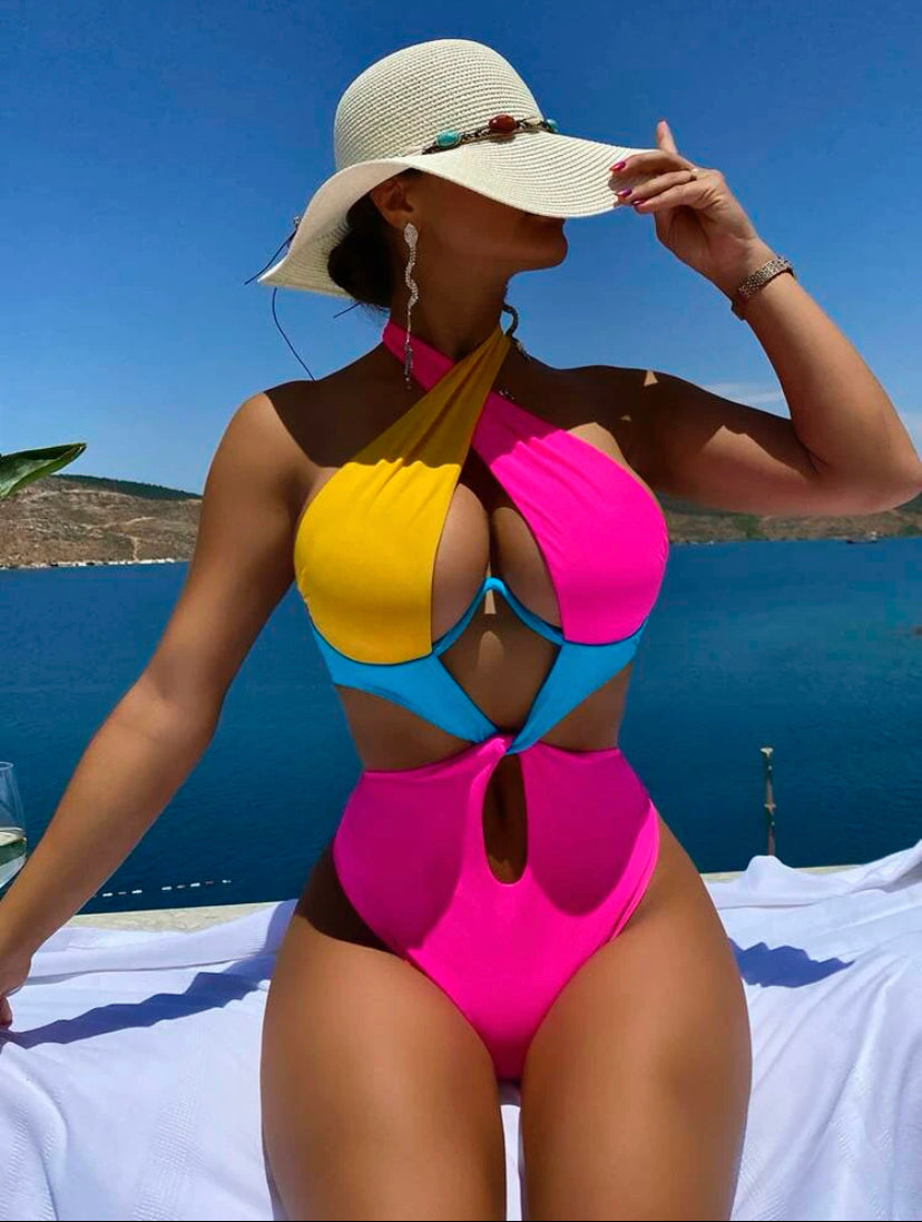 Color block cut out one piece swimsuit