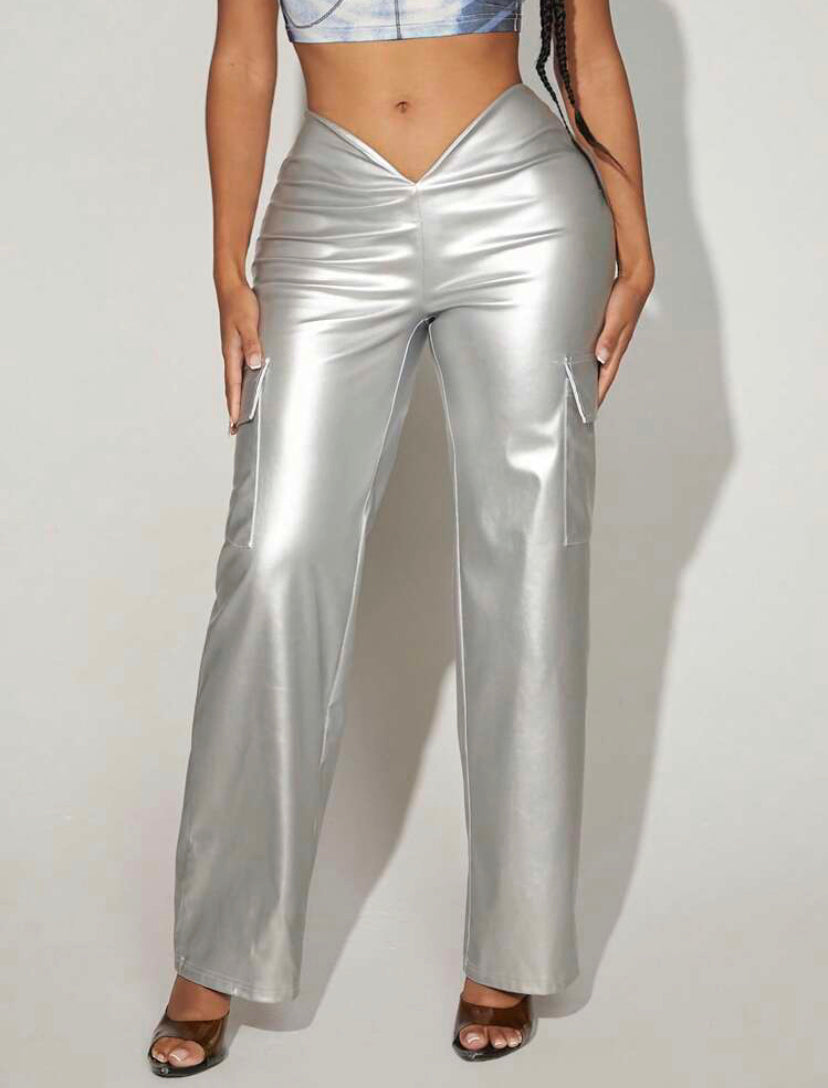 Silver Asymmetrical waist flap pocket pants